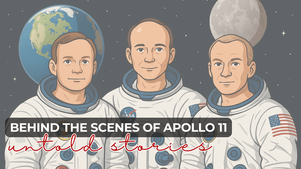 Illustration of the three Apollo 11 astronauts in spacesuits, with Earth and the Moon in the background. Text overlay reads “Behind the Scenes of Apollo 11 — untold stories.”