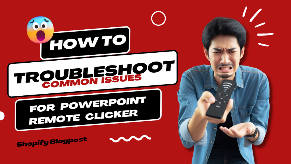 Frustrated man holding a PowerPoint clicker, troubleshooting issues. Red background with bold text: 'How to Troubleshoot PowerPoint Clicker Issues'.
