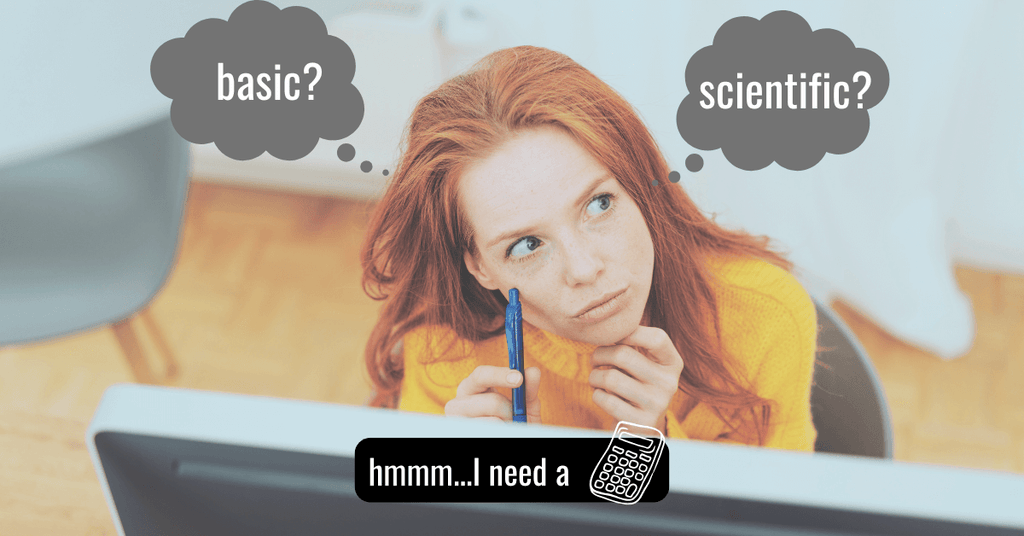 A schoolgirl sitting at her study desk, looking thoughtful as she tries to decide whether she needs a basic calculator or a scientific calculator for her studies.