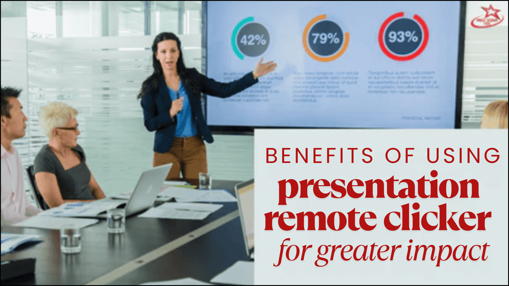 Businesswoman giving a presentation with charts on a large screen while using a wireless presentation clicker, with text overlay reading 'Benefits of Using Presentation Remote Clicker for Greater Impact'.