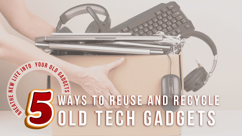 A person holding a cardboard box filled with old tech gadgets, including laptops, headphones, a keyboard, a wired mouse, and tangled cables. The overlay text reads '5 Ways to Reuse and Recycle Old Tech Gadgets