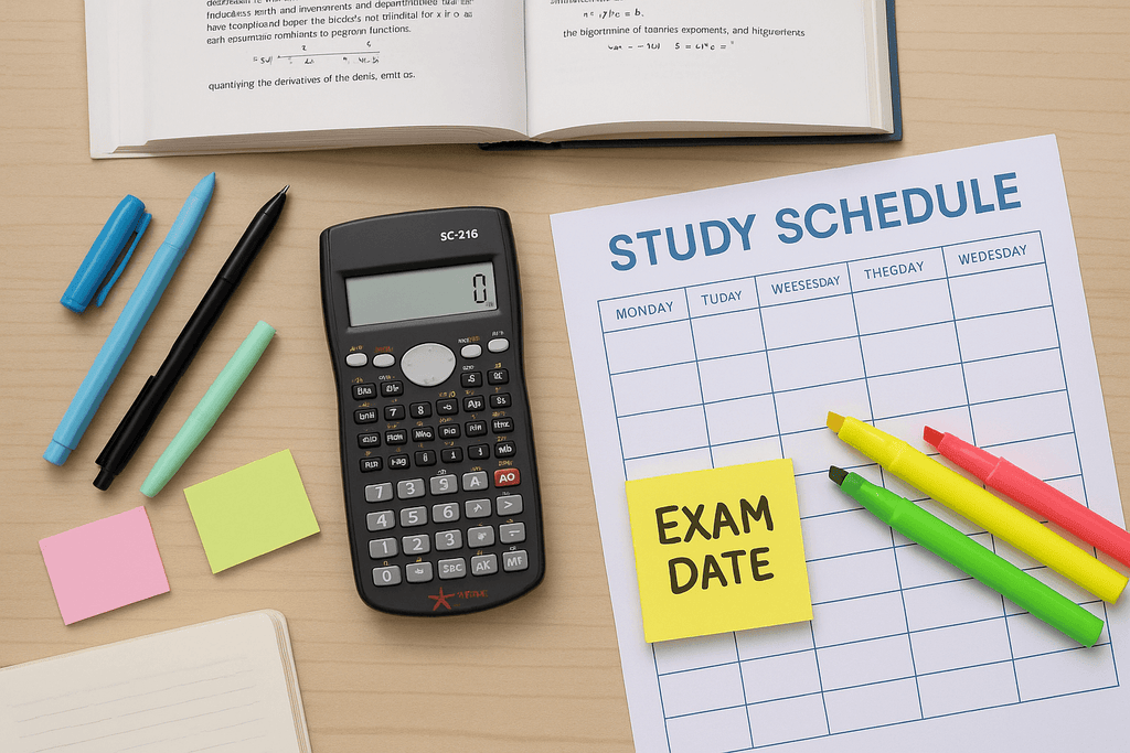 Flat lay of exam essentials including the SC-216 scientific calculator, notes, and study tools for students.
