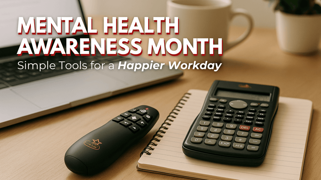 PR-820 wireless presentation remote and SC-216 scientific calculator placed on a desk beside a laptop and coffee mug, with text overlay promoting Mental Health Awareness Month and tools for a happier workday.
