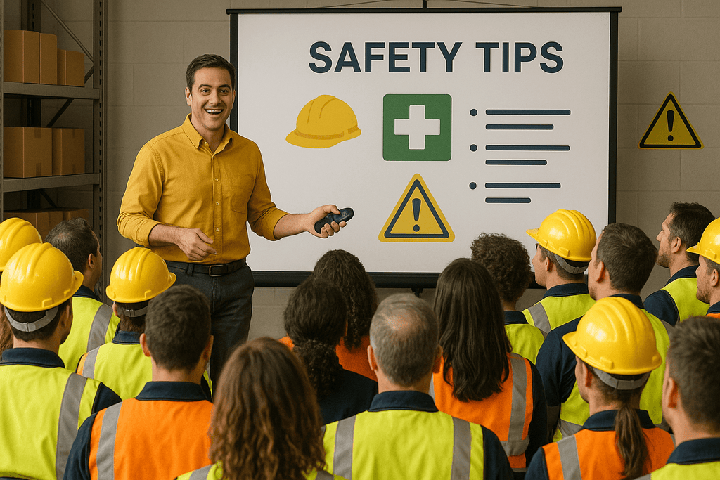 Presenter holding a wireless clicker leads a warehouse safety training session, engaging a large group of workers in safety vests and hard hats.
