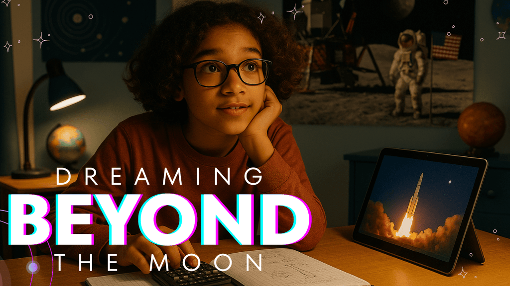 A curious student sits at a desk with a scientific calculator and notebook, gazing upward. Behind them is a Moon landing poster, and a rocket launch plays on a tablet. The words “Dreaming Beyond the Moon” appear in bold text.