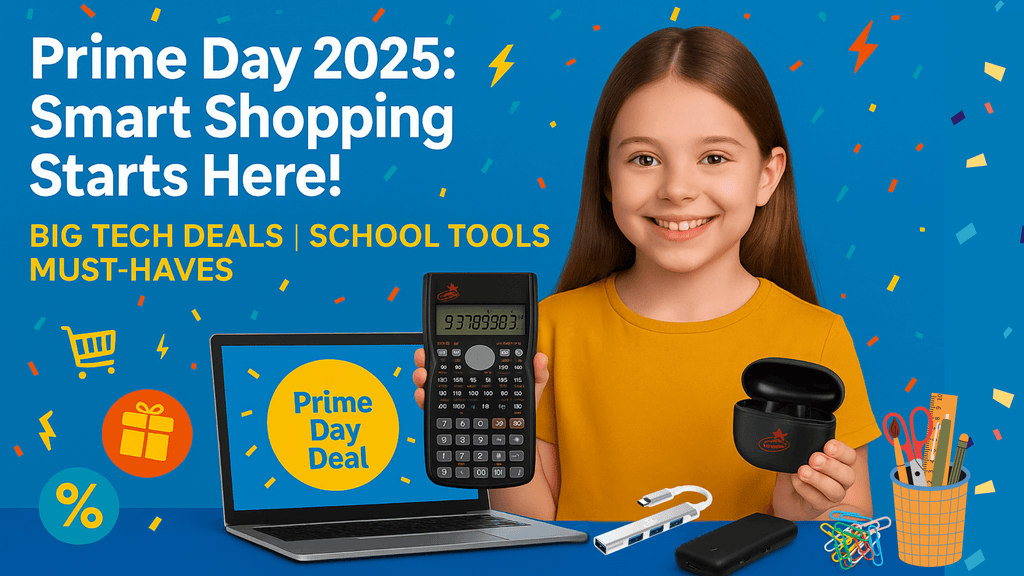 Young girl in a yellow shirt holding a scientific calculator and a small black earbud case, standing next to a laptop displaying a 'Prime Day Deal' graphic.