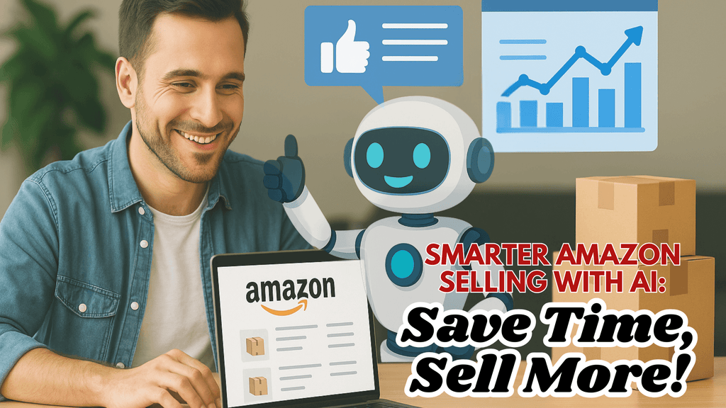 Amazon seller smiling at laptop with robot assistant and growth graphics. Text reads: “Smarter Amazon Selling with AI: Save Time, Sell More!”