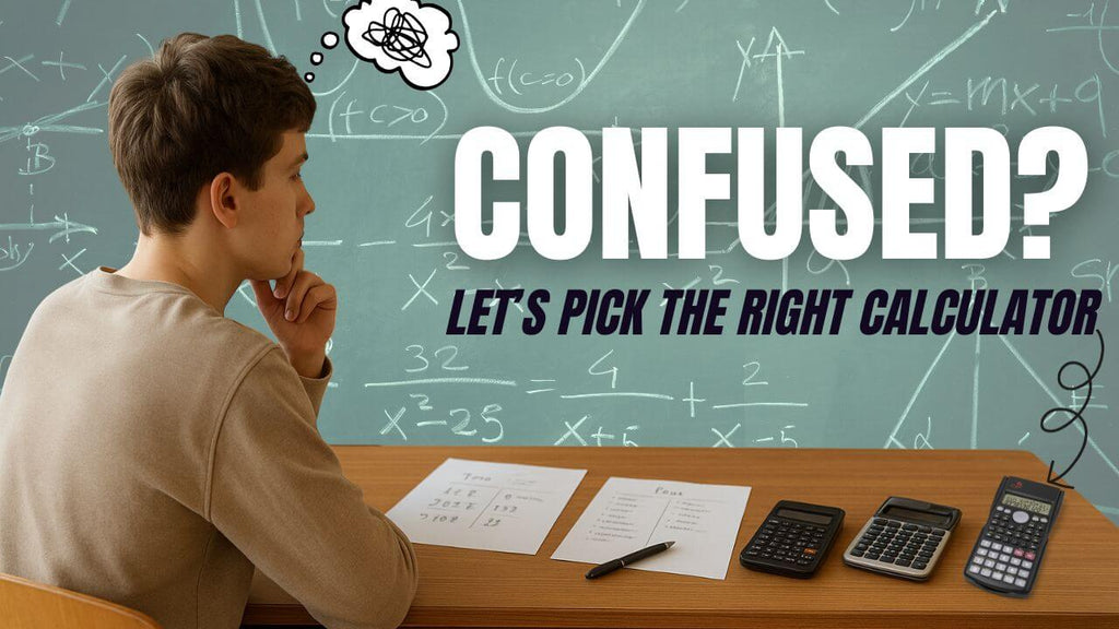 A person looking confused at a desk with math equations on a chalkboard, surrounded by three calculators. The text reads: