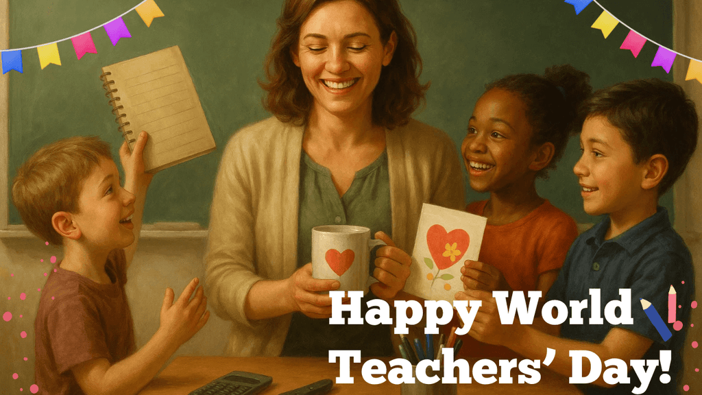 Smiling teacher receiving handmade cards and a mug with a heart from happy students in a decorated classroom with the text “Happy World Teachers’ Day!”