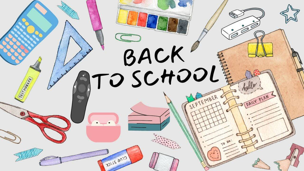 Watercolor-style flat lay of back-to-school supplies, including a calculator, USB hub, presentation clicker, wireless earbuds, planner, pens, sticky notes, and highlighters, with the phrase ‘Back to School’ in the center.