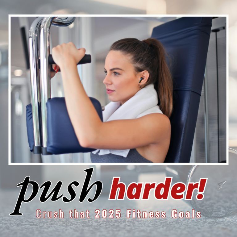 Woman working out on a chest press machine at the gym, wearing a white towel around her neck and wireless earbuds, with motivational text overlay that reads 'Push harder! Crush that 2025 Fitness Goals'.