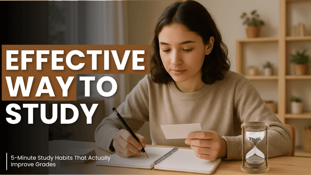 Young woman studying with flashcards and notebook, illustrating effective 5-minute study habits to improve grades, with an hourglass symbolizing time management.