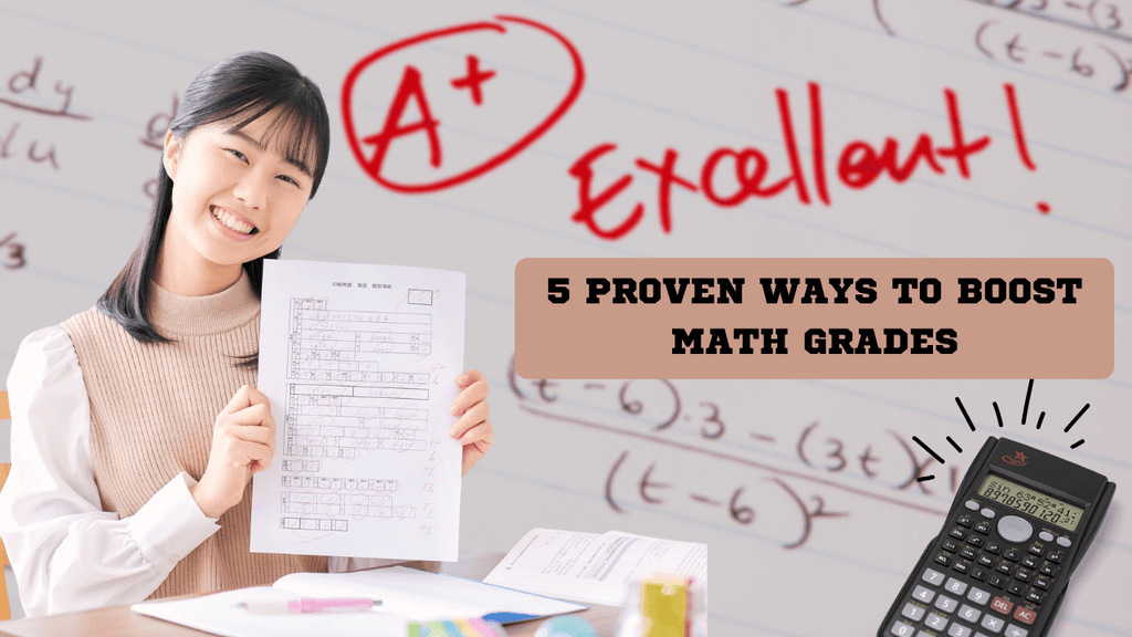 A smiling student proudly holds up a graded math paper marked with an 