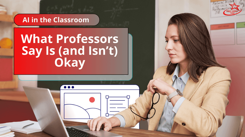 Professor sitting at a desk with a laptop in a classroom, with text reading “AI in the Classroom: What Professors Say Is (and Isn’t) Okay” on the image.