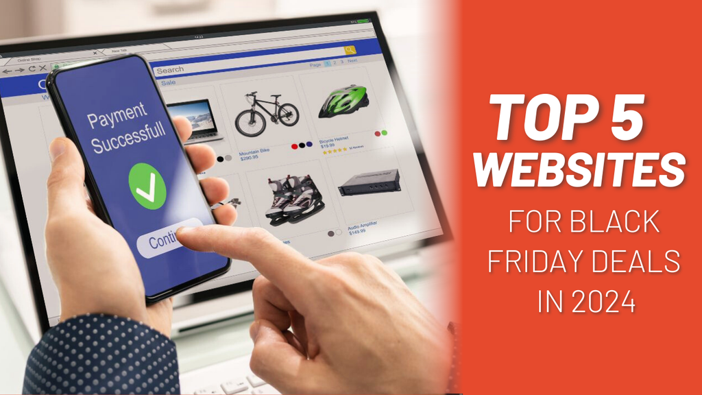 Online shopping for Black Friday 2024 deals with a smartphone payment confirmation screen and a laptop displaying discounted products. Top 5 websites for Black Friday sales.