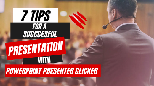 Professional speaker presenting to an engaged audience using a PowerPoint presenter clicker, with text overlay: '7 Tips for a Successful Presentation with PowerPoint Presenter Clicker.