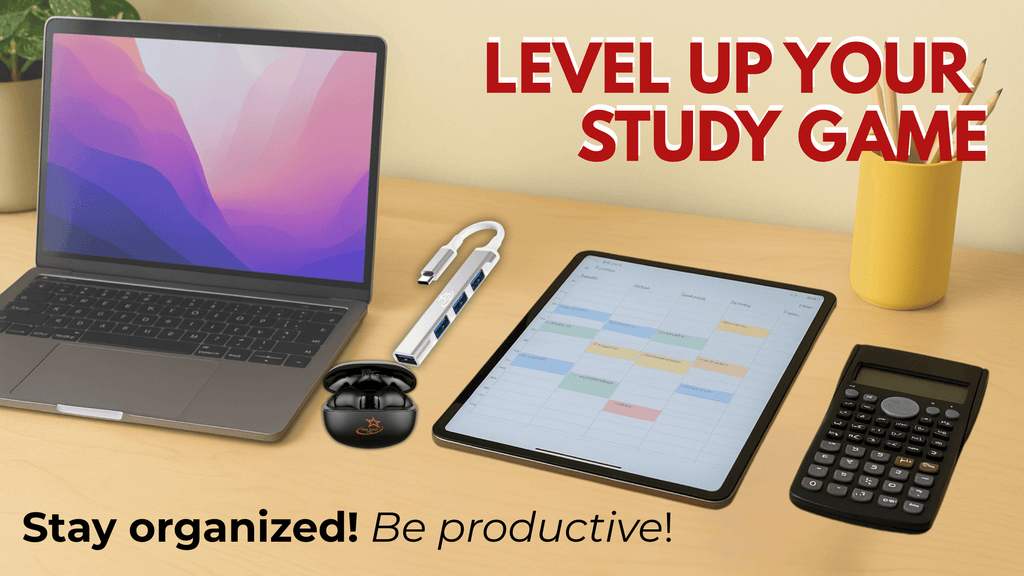 Organized student desk setup with laptop, digital planner tablet, scientific calculator, and school supplies — perfect back-to-school productivity workspace.
