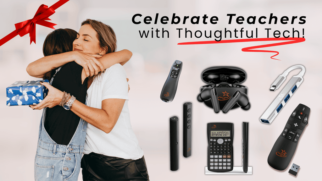 Tech gift ideas for Teacher’s Appreciation Day — teacher hugging student with gift box, surrounded by thoughtful technology gifts for educators like wireless earbuds, presentation remotes, USB hubs, and calculators.