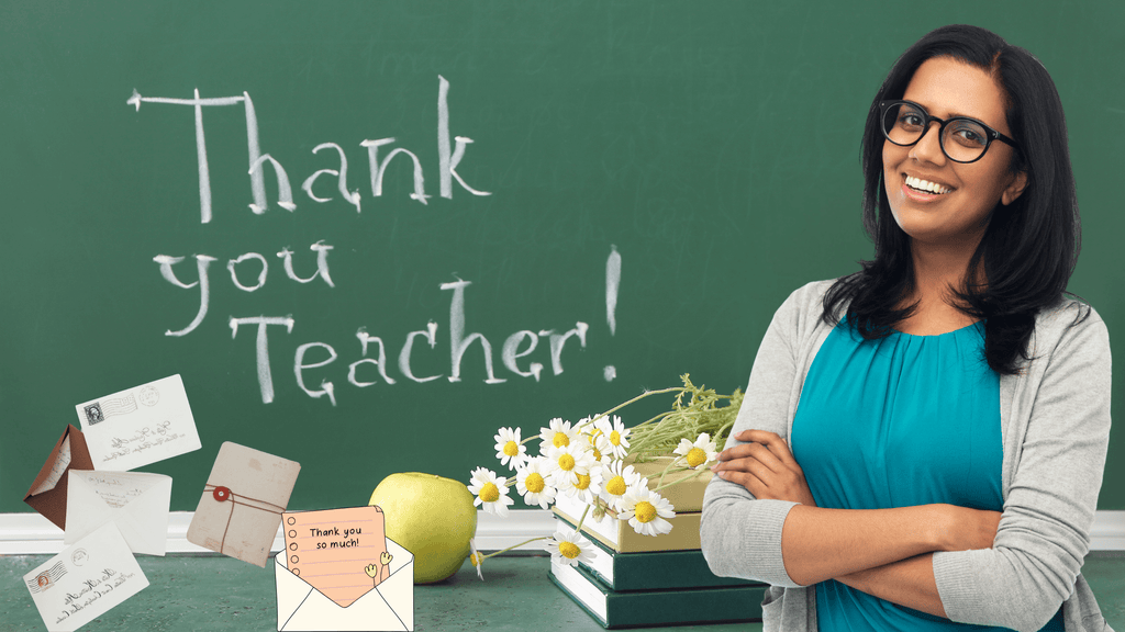 Smiling teacher standing in front of chalkboard with 'Thank you Teacher!' written on it, surrounded by thank you notes, books, daisies, and an apple — perfect for Teacher’s Appreciation Day tribute.
