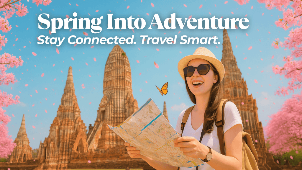 Smiling young female tourist holding a map in front of ancient temple ruins, surrounded by pink cherry blossoms and falling petals, with a butterfly in the air and bold travel-themed text promoting spring adventure.