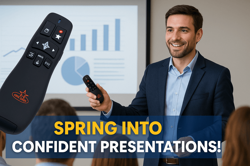 Professional presenter using Red Star Tec PR-820 wireless remote during a conference with an engaged audience and projected screen in the background.