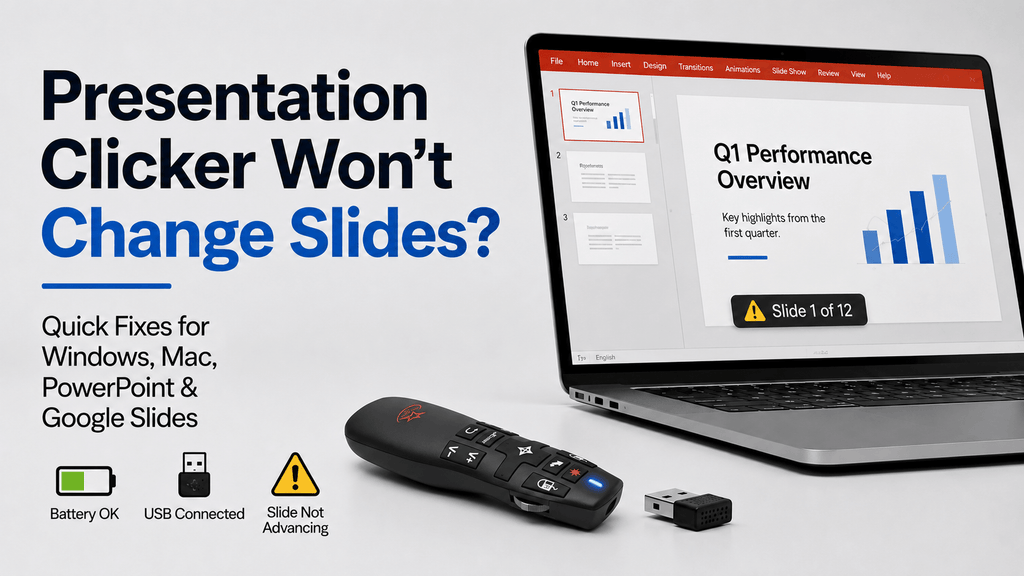Red Star Tec PR-820 presentation clicker beside a laptop showing a slide deck, with troubleshooting icons for battery, USB connection, and slides not advancing. 