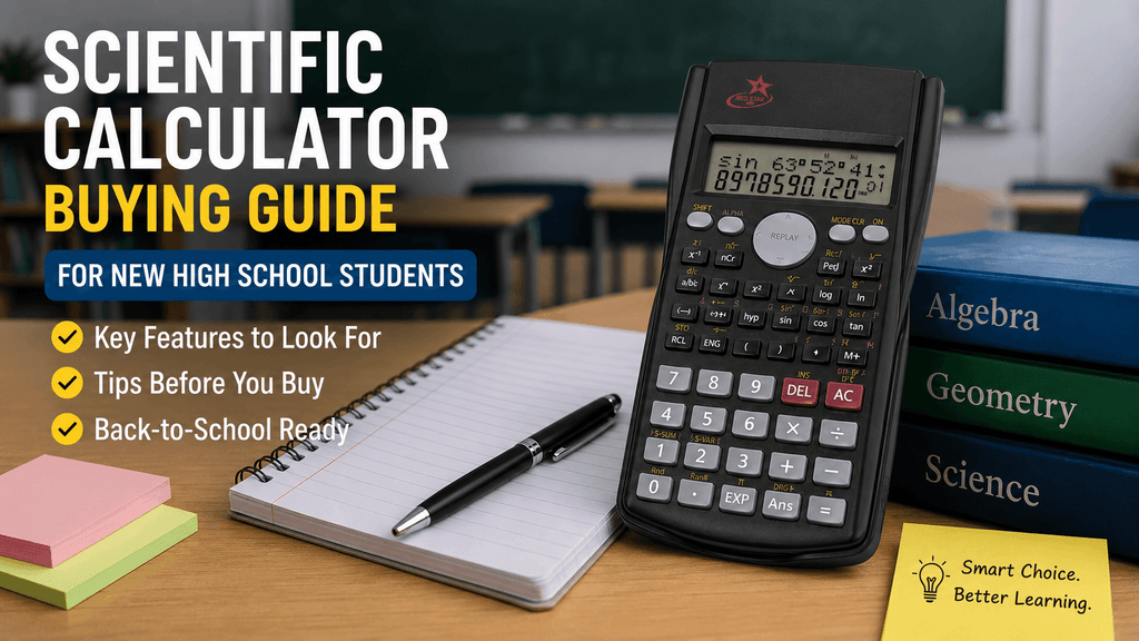 3D realistic thumbnail showing a scientific calculator, spiral notebook, pen, sticky notes, and school textbooks on a desk in a classroom for a high school calculator buying guide 