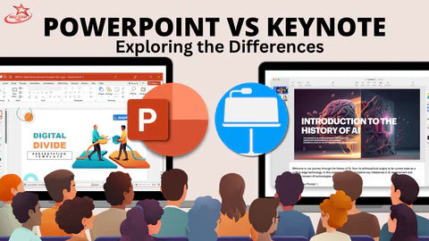 PowerPoint and Keynote compared on two large screens before an audience. One screen shows 'Digital Divide'; the other, 'History of AI.' Bold title: 'PowerPoint vs Keynote: Exploring the Differences.'