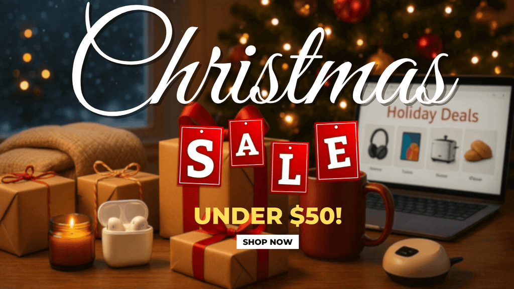  A cozy 3D Christmas scene featuring wrapped gifts, wireless earbuds, a candle, a coffee mug, and a laptop screen showing holiday deals, with a Christmas tree glowing in the background and text reading “Christmas Sale Under $50.”