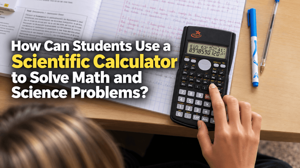 Student using a Red Star Tec SC-216 scientific calculator to solve math and science problems while studying with a notebook at a desk.