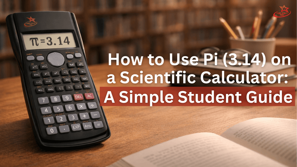 Scientific calculator displaying π (3.14) on a desk with books, illustrating how to use the Pi function on a scientific calculator for math and student learning.