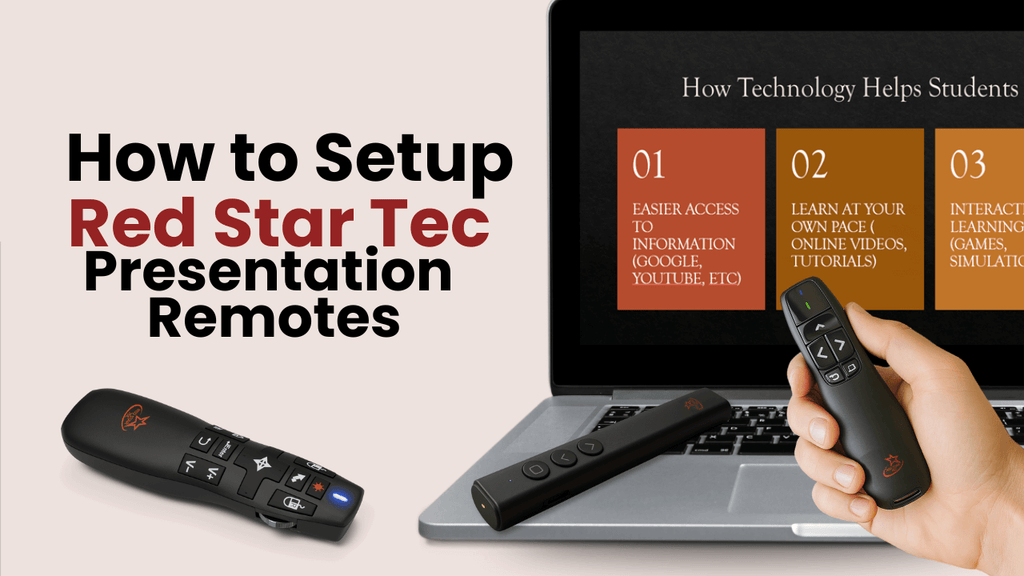 How to setup Red Star Tec presentation remotes – image showing different Red Star Tec wireless remotes with a laptop presentation slide in the background.
