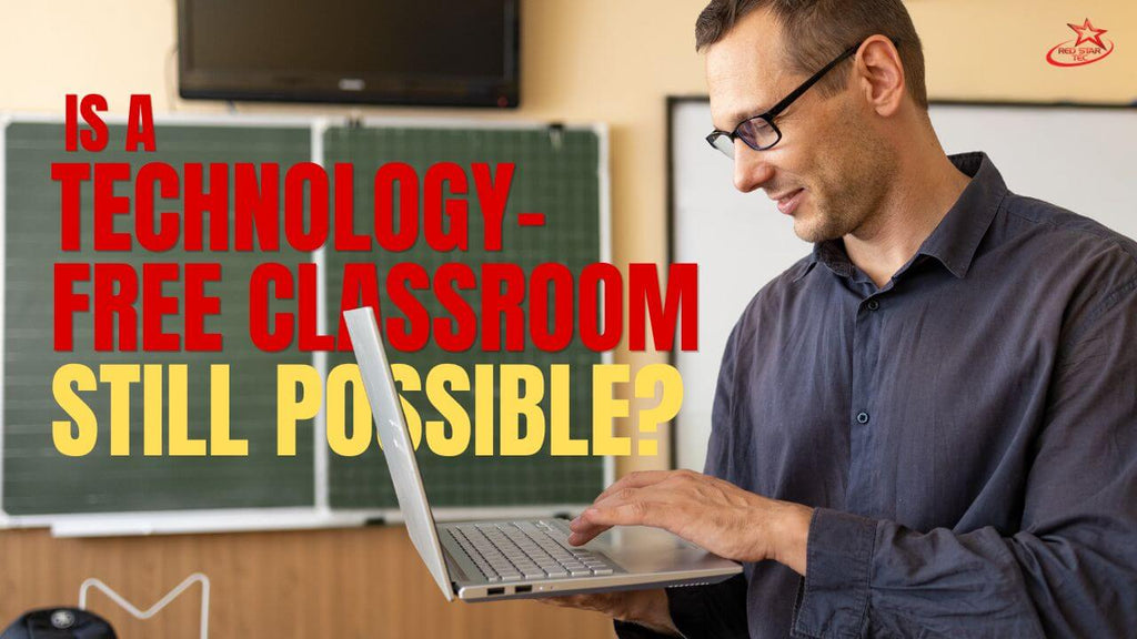 Teacher using a laptop in a modern classroom representing the debate on technology in classroom and technology-free teaching