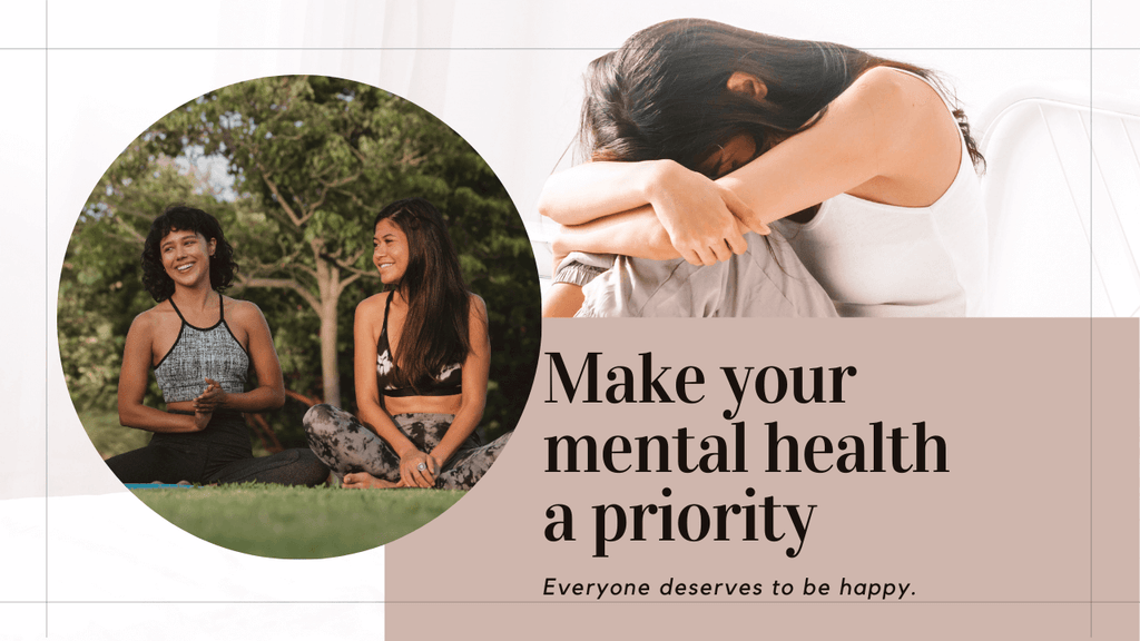 wo women smiling outdoors and a person sitting with head down, highlighting the importance of mental health. Text reads: 