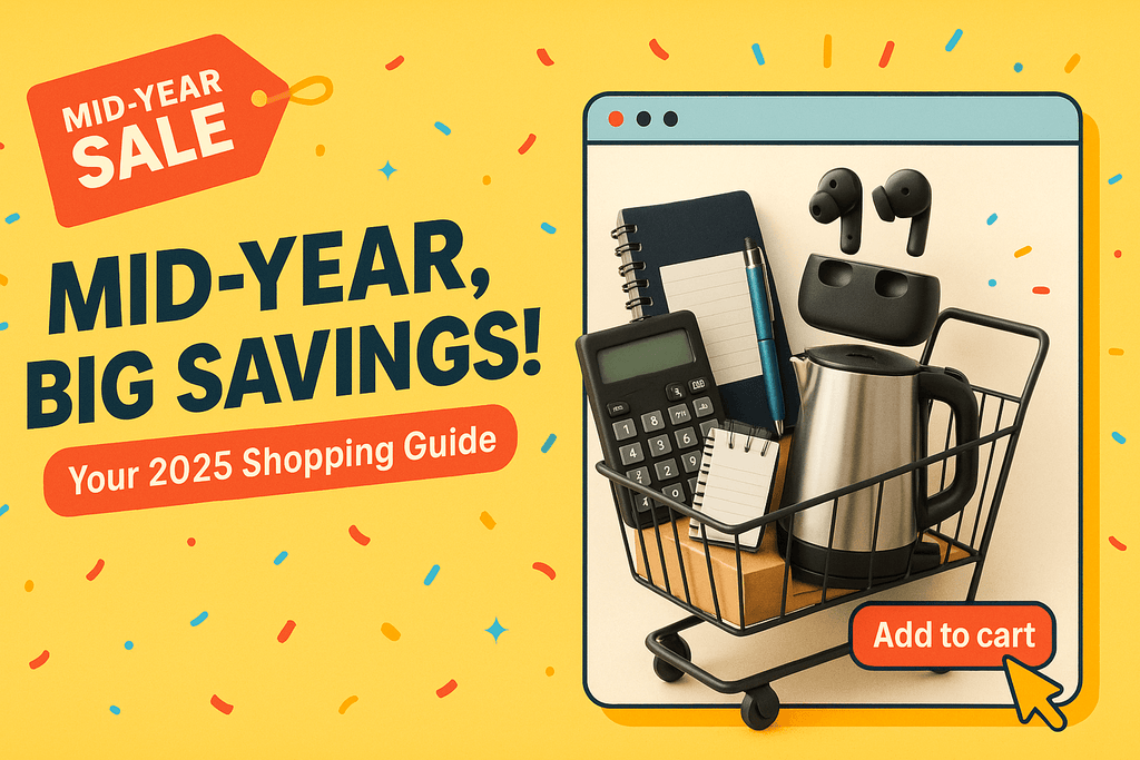 2025 mid-year sale banner with cart holding a calculator, notebook, earbuds, and kettle. Text: 