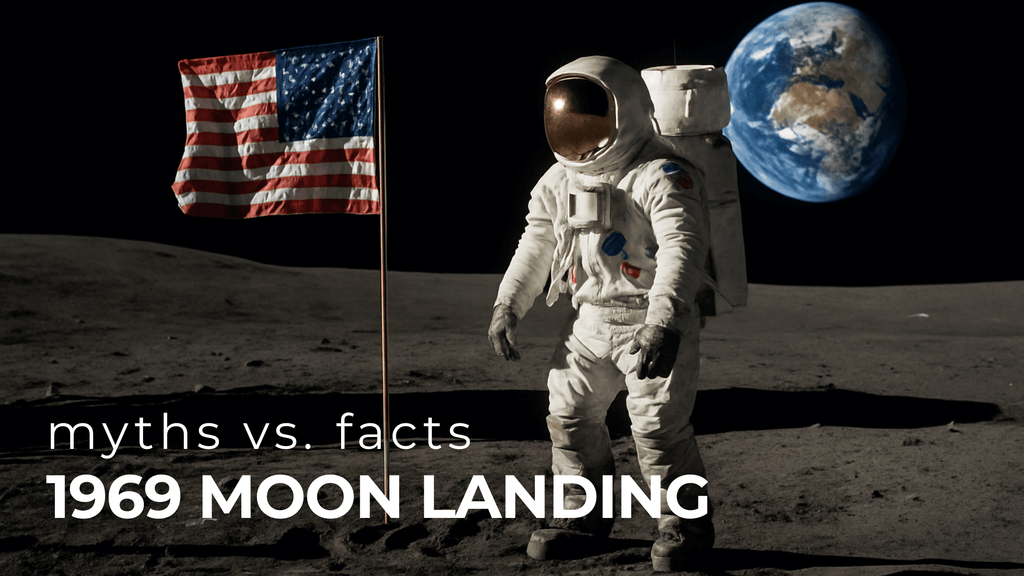 Astronaut standing on the Moon next to a U.S. flag, with Earth visible in the background. Text overlay reads 