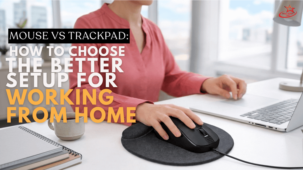 Person working from home using a wired mouse beside a laptop trackpad, with overlay text reading “Mouse vs Trackpad: How to Choose the Better Setup for Working From Home.” 