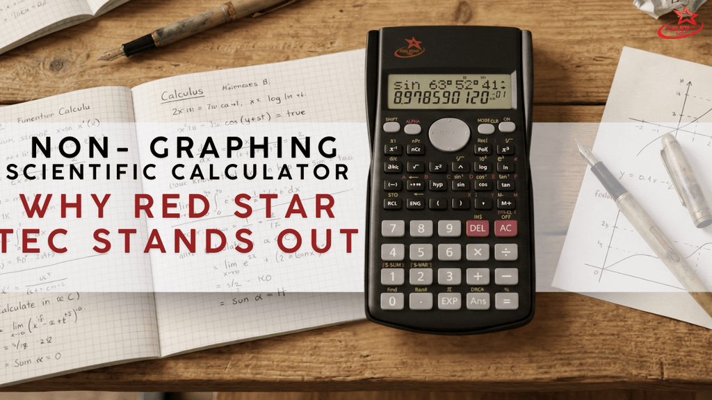 Red Star Tec SC-216 non-graphing scientific calculator on a wooden desk surrounded by notebooks with calculus equations and pens.