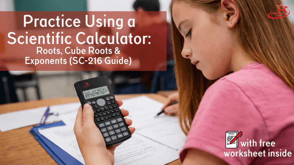 Student practicing roots, cube roots, and exponents using a scientific calculator during a math lesson.
