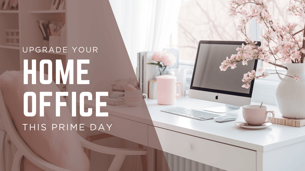 A bright, cozy home office setup with a computer, pink decor, and the text ‘Upgrade Your Home Office This Prime Day’ displayed on the left.