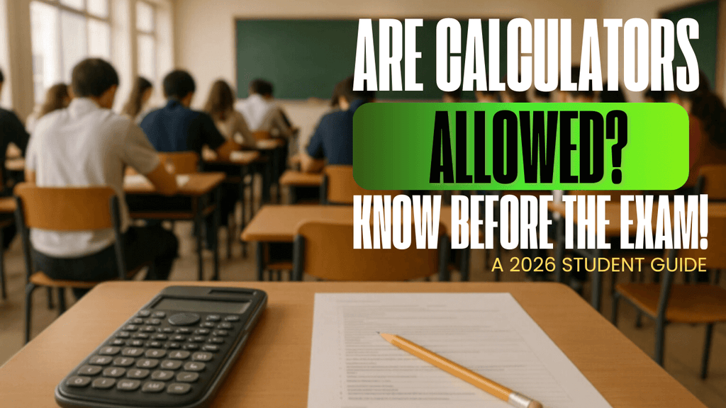 A classroom scene with students sitting at desks, facing the front. In the foreground, a desk has a calculator, a pencil, and a test sheet. Bold text overlays the image, reading, 'Are Calculators Allowed? Know Before the Exam! A 2026 Student Guide'.