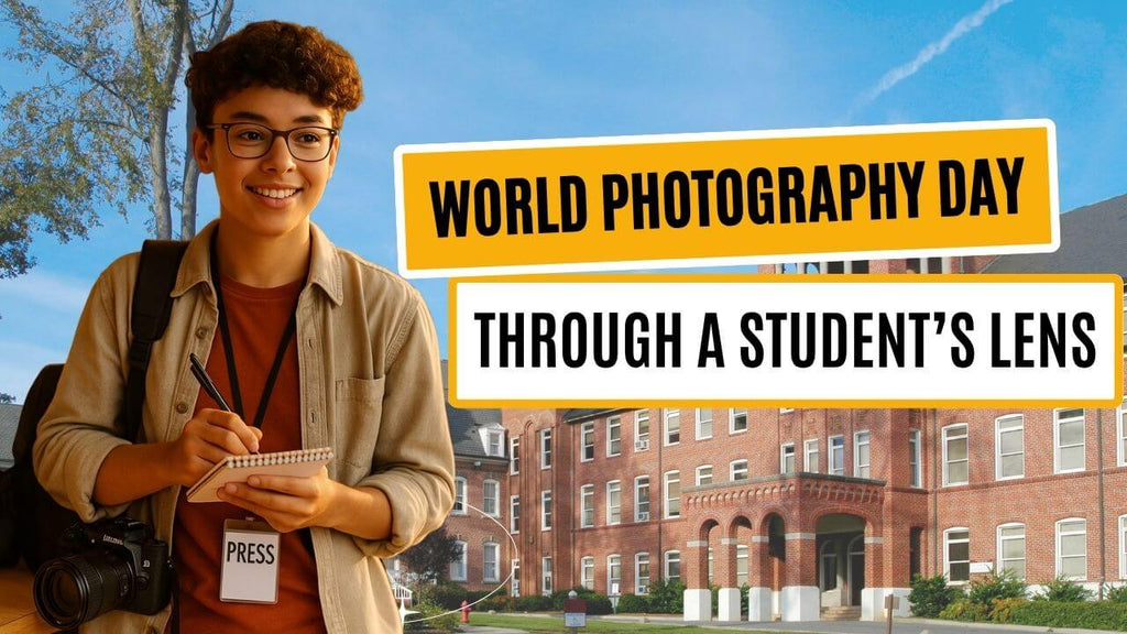 A smiling student photojournalist wearing a press badge stands in front of a school building, holding a notepad and pen. Overlay text reads “World Photography Day” and “Through a Student’s Lens” in bold yellow and white banners.