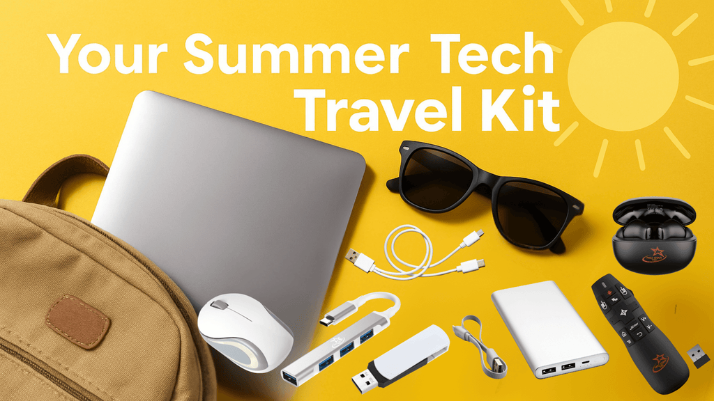 Flat lay of summer tech travel kit with laptop, mouse, USB-C hub, cables, power bank, flash drive, earbuds, remote, and sunglasses on bright yellow background with sun icon and ‘Your Summer Tech Travel Kit’ text.