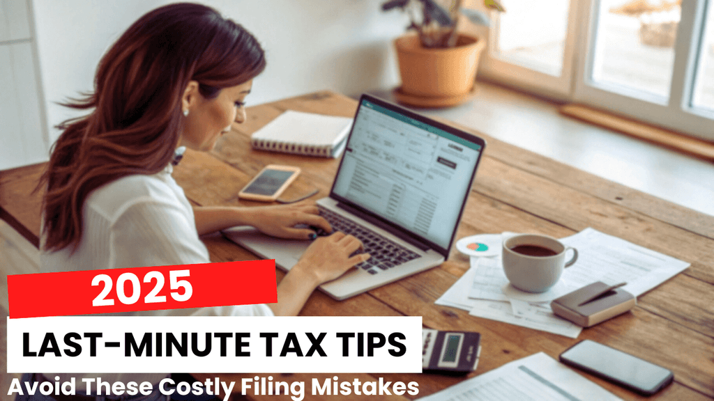Woman working on taxes at home using a laptop, surrounded by paperwork, coffee, a calculator, and a smartphone. Text overlay reads '2025 Last-Minute Tax Tips – Avoid These Costly Filing Mistakes.