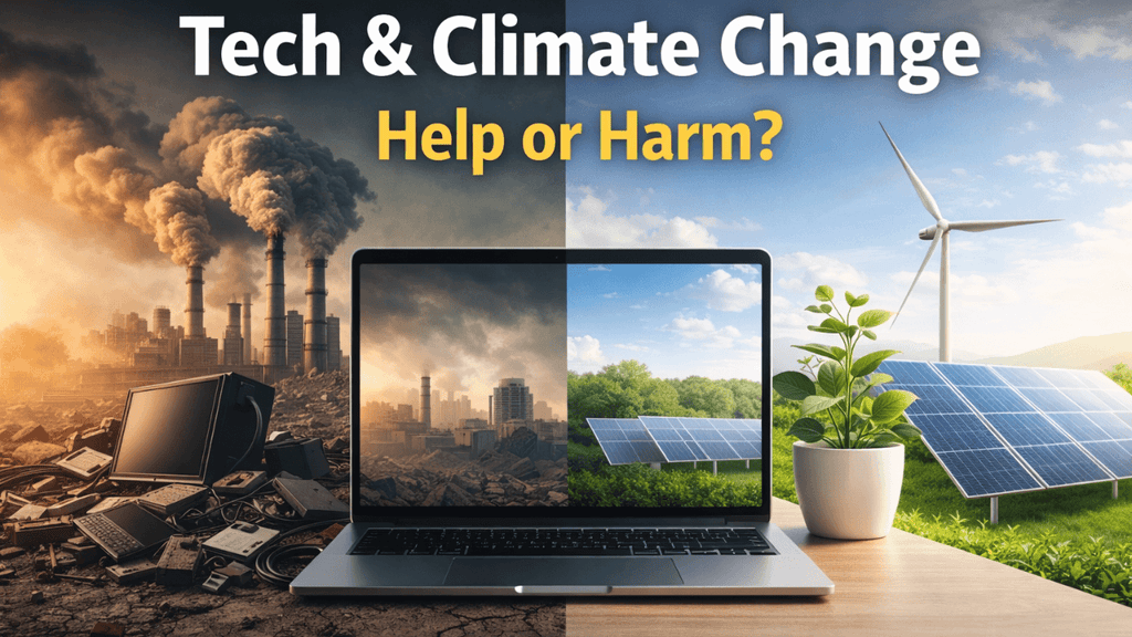 Split image showing tech’s impact on climate change with pollution and e-waste on one side and renewable energy with solar panels and wind turbines on the other