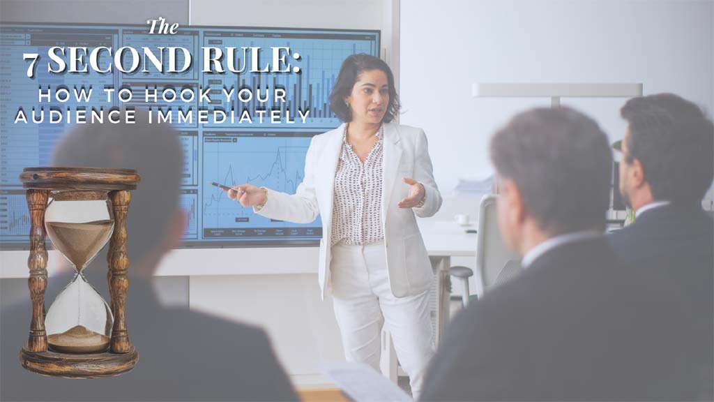Businesswoman giving a presentation with charts on screen, demonstrating the 7-second rule to hook an audience immediately, with text overlay and hourglass icon.