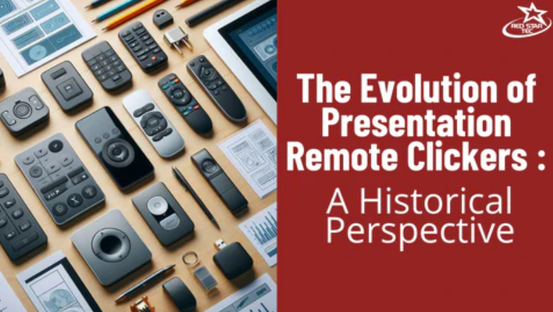 Various old and modern presentation clickers on a desk with office supplies and devices. A red background displays 'The Evolution of Presentation Remote Clickers' with the Red Star Tec logo.
