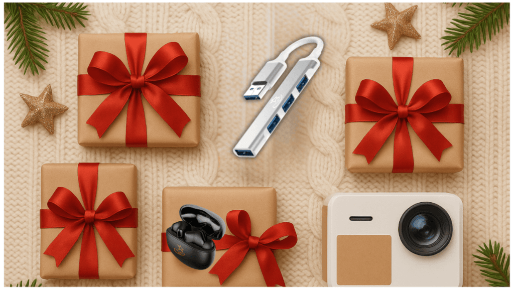 Flat lay of gift-wrapped tech gadgets with red bows on a cozy knitted background, surrounded by pine sprigs and gold star ornaments.