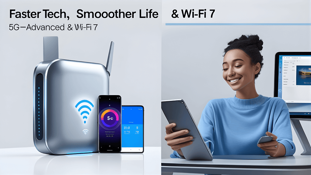 A split-screen image showing, One side: a sleek new Wi-Fi 7 router and a 5G phone and the other side: someone streaming, gaming, or video calling with ease (Text overlay idea: “Faster Tech, Smoother Life: 5G-Advanced & Wi-Fi 7”)