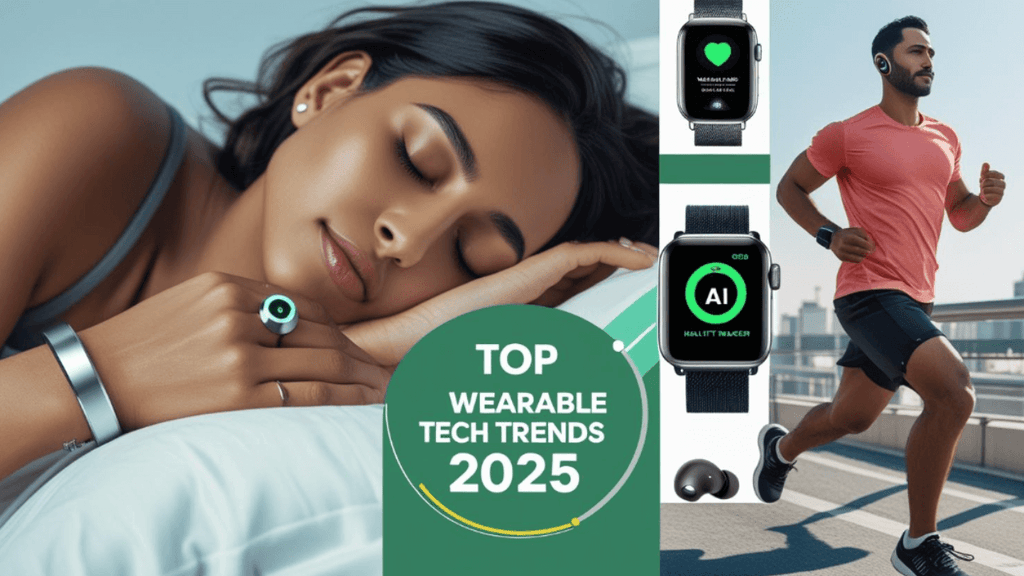 Collage showing top wearable tech trends of 2025, including a woman sleeping with a smart ring and bracelet, a man running with wireless earbuds and a smartwatch, and close-ups of health-tracking smartwatches displaying AI and heart rate features.